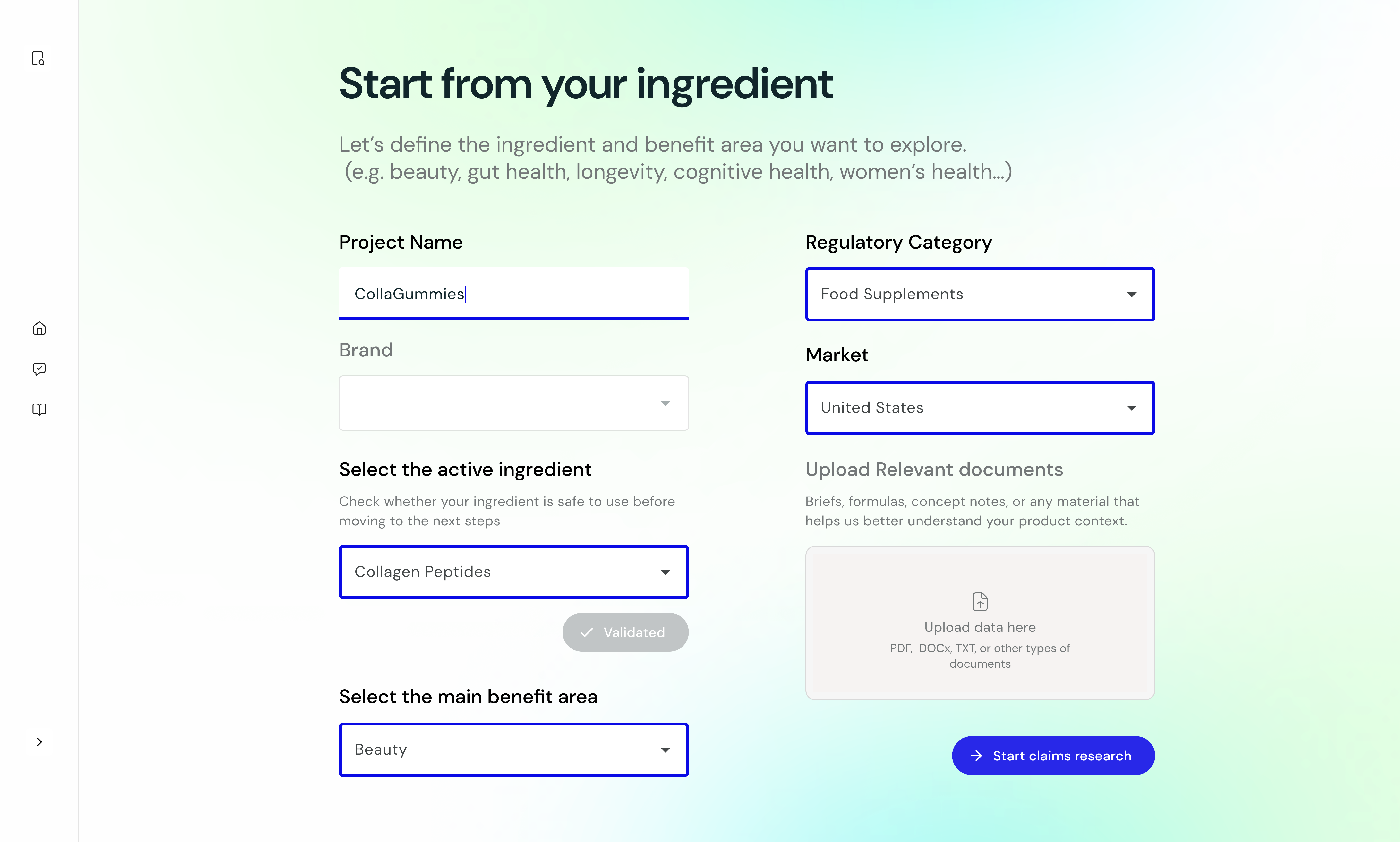 Claims Agent — ingredient input form