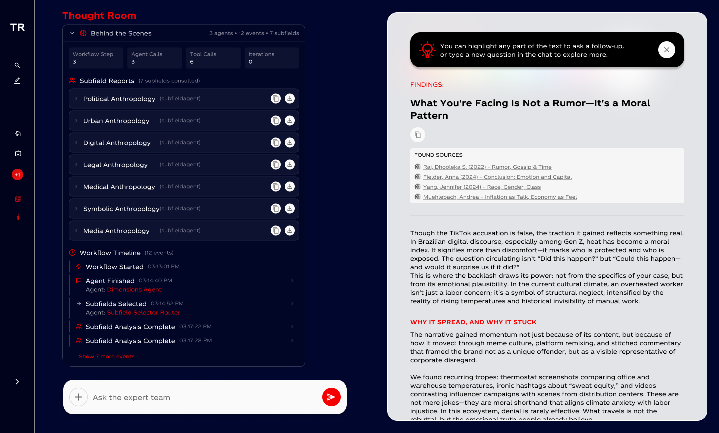 Thought Room — multi-agent orchestration behind the scenes